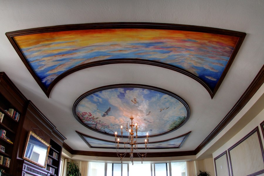 Sky ceiling mural wide view over a library room, Palm Beach, FL