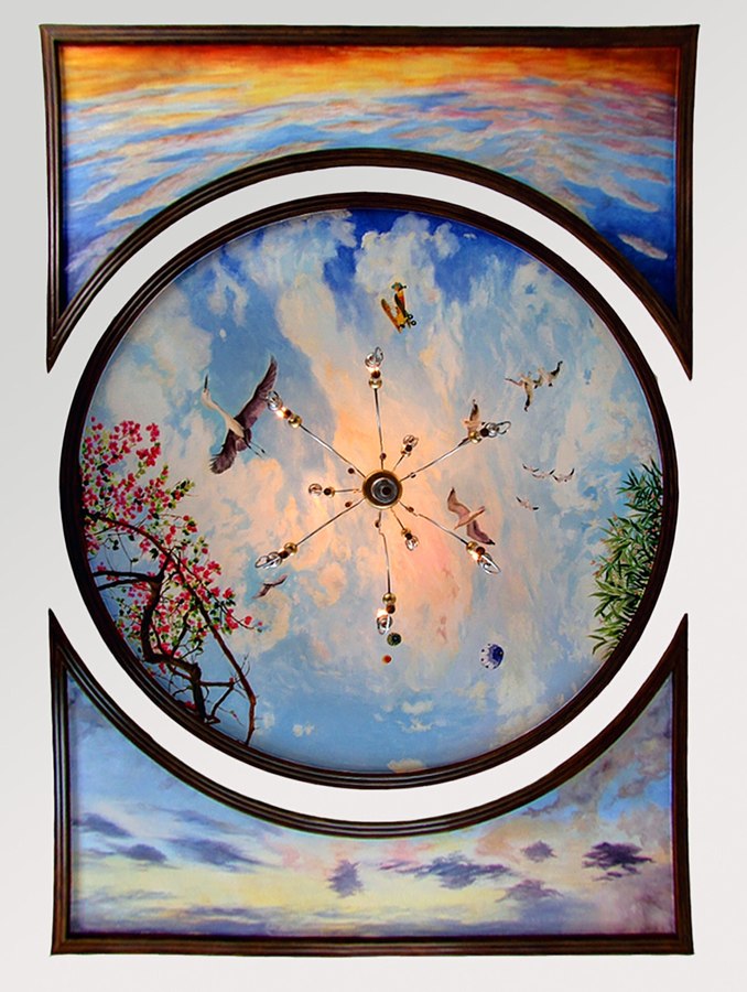 Sky ceiling medallion detail with cherry blossom branch and koi, Palm Beach, FL