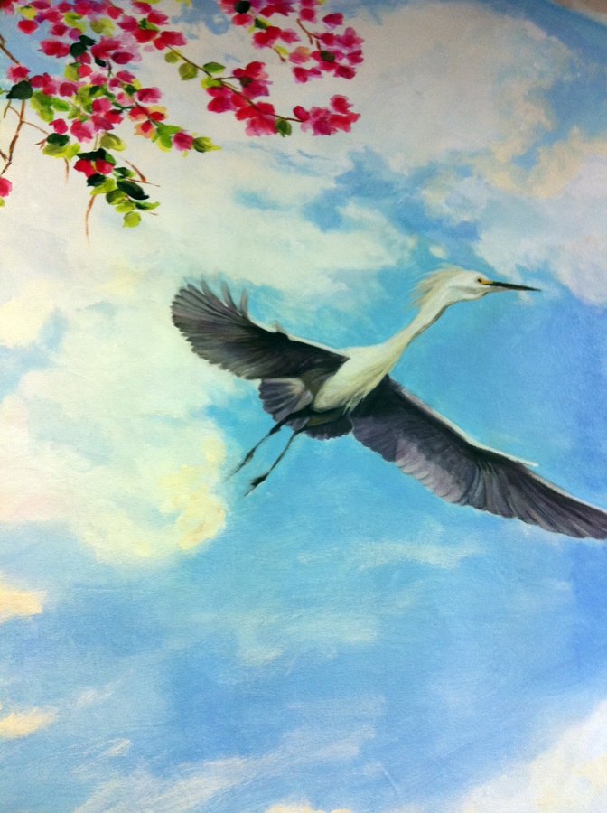 Heron in flight ceiling mural detail against painted clouds, Palm Beach, FL