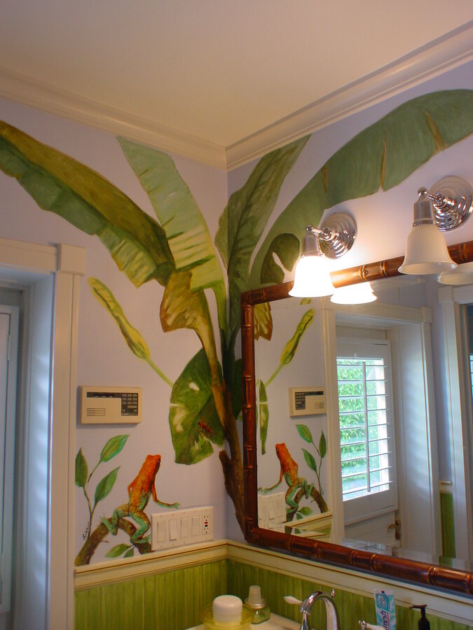 Painterly Banana tree + frogs mural by Maureen Fulgenzi — Green palette, Palm Beach, FL