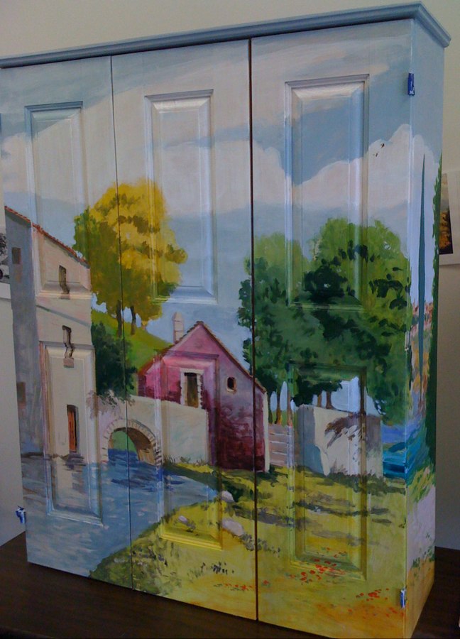 Village scene wardrobe mural, doors open showing full landscape, Palm Beach, FL