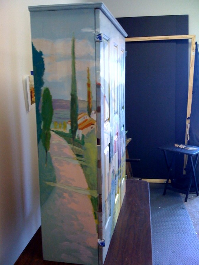 Village scene wardrobe mural side angle with cypress trees, Palm Beach, FL
