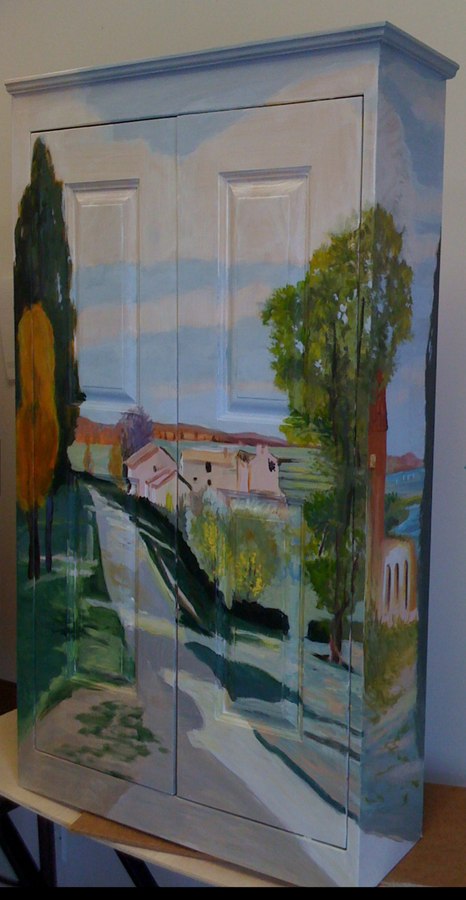 Village scene wardrobe mural in the studio during painting, Palm Beach, FL