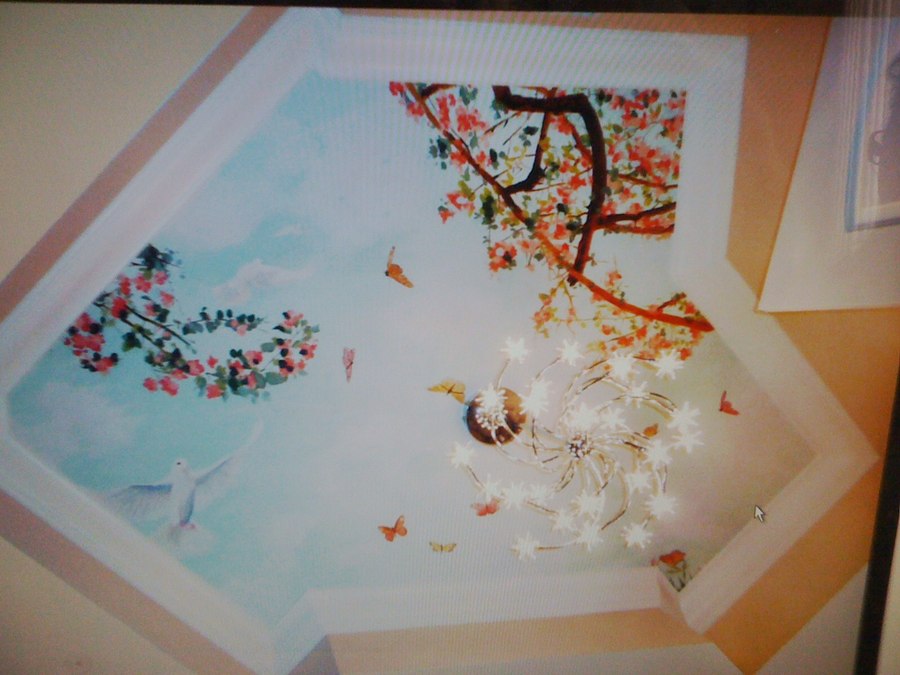 Chinoiserie cherry branch and dove ceiling mural by Maureen Fulgenzi — Soft pastel palette, Palm Beach, FL