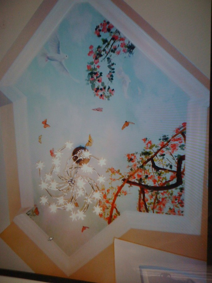 Cherry branch and dove ceiling mural detail with hummingbirds and butterflies, Palm Beach, FL