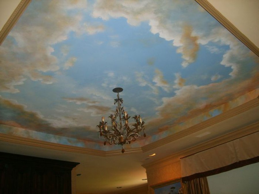 Cherry branch and dove ceiling mural in a separate room area with clouds and sky, Palm Beach, FL