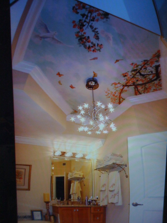Cherry branch and dove ceiling mural room view over a bathroom vanity, Palm Beach, FL