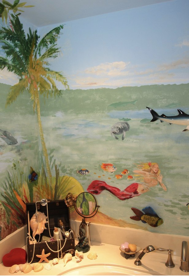 Underwater mermaid bathroom mural with palm tree and orca by Maureen Fulgenzi — Vivid palette, Palm Beach, FL