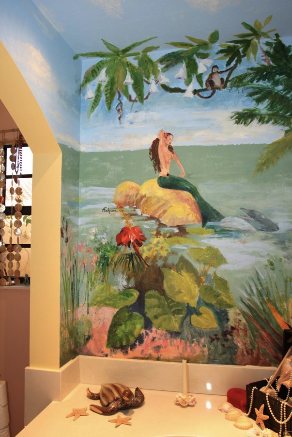 Underwater mermaid bathroom mural corner detail with mermaid and tropical foliage, Palm Beach, FL