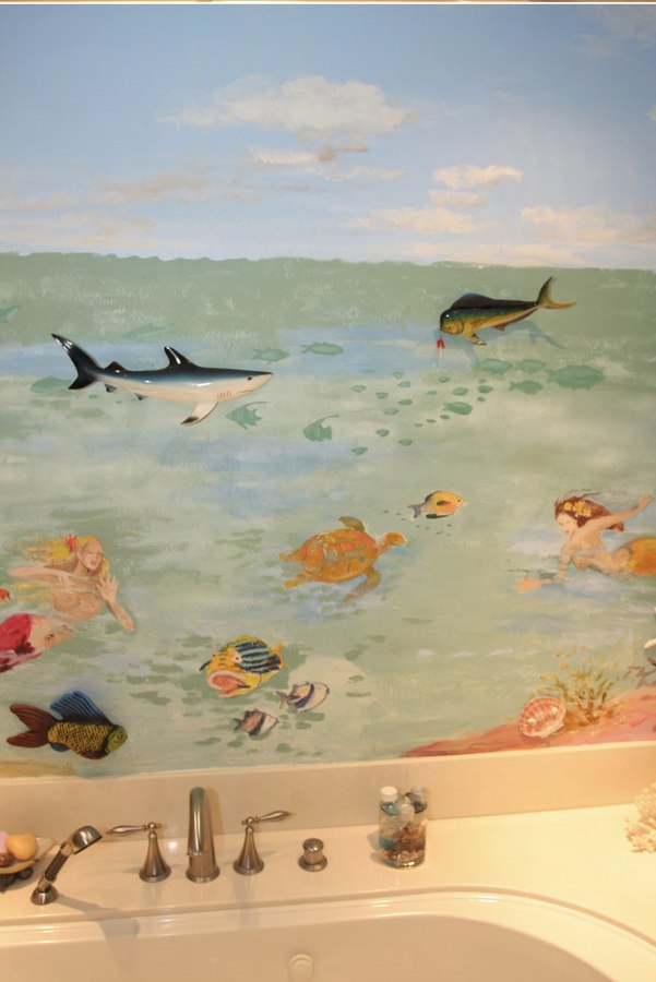 Underwater bathroom mural detail with orca and dolphinfish, Palm Beach, FL