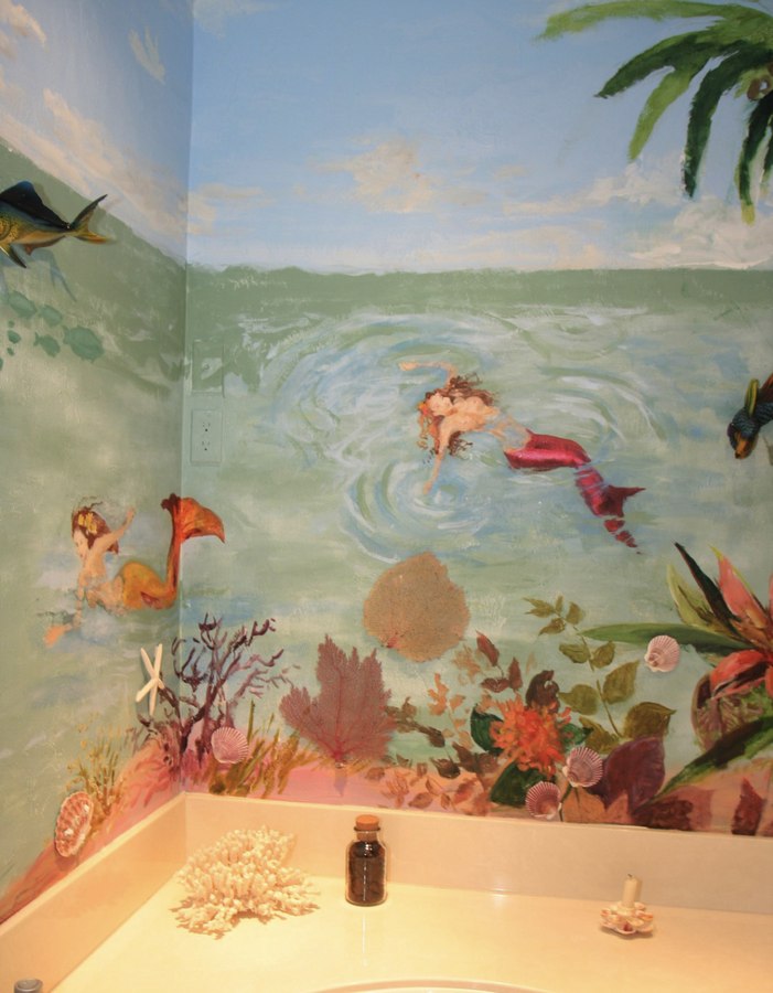 Underwater bathroom mural corner with swimming mermaid and marlin, Palm Beach, FL