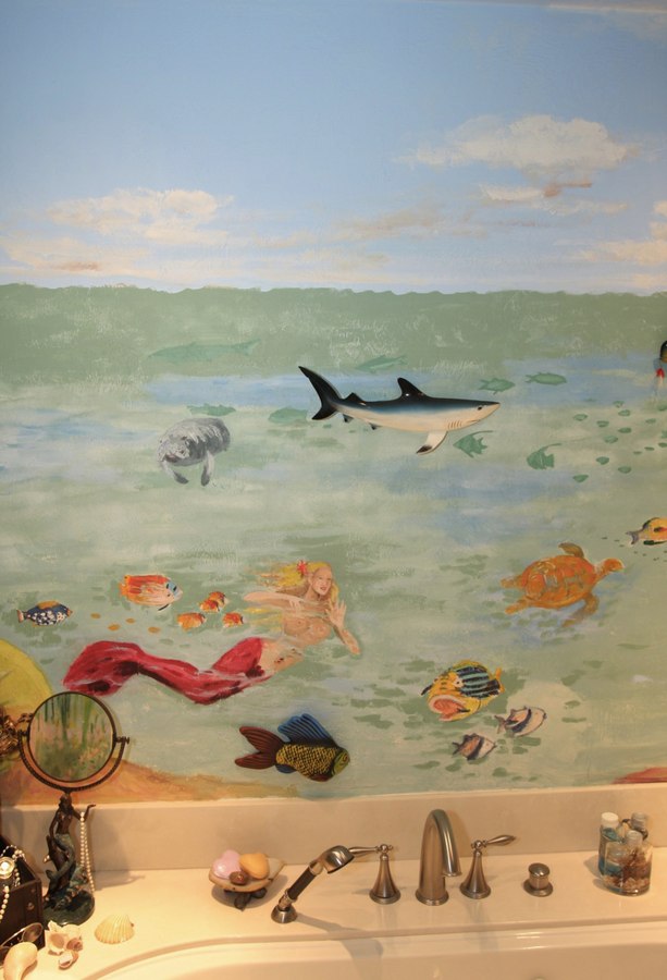 Underwater bathroom mural detail with shark and sea turtle over the tub, Palm Beach, FL