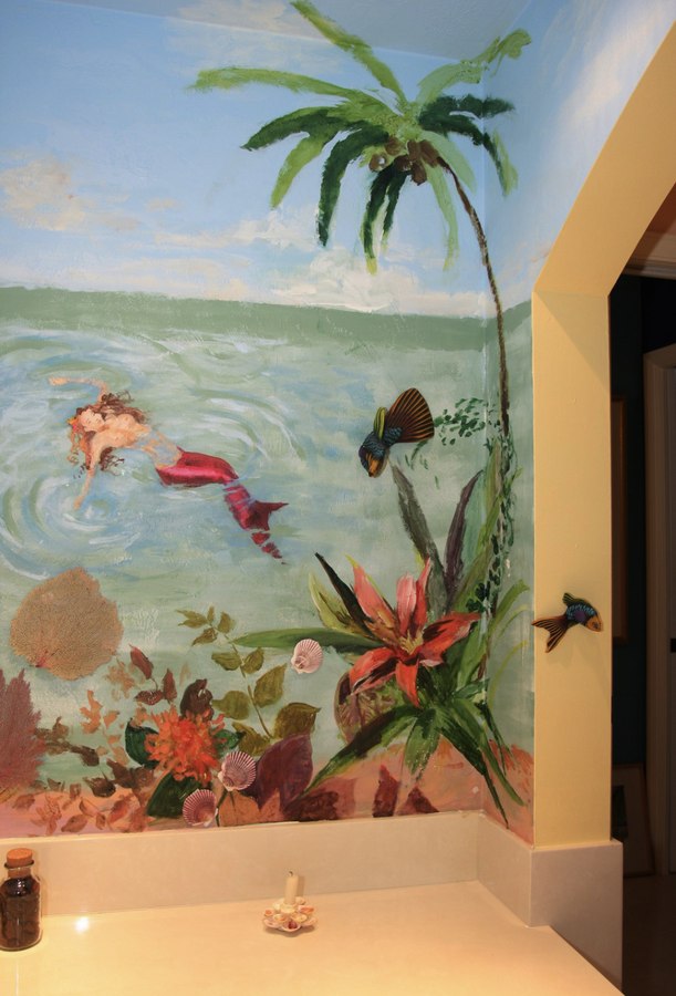 Underwater bathroom mural detail with orca, turtle and coral reef, Palm Beach, FL