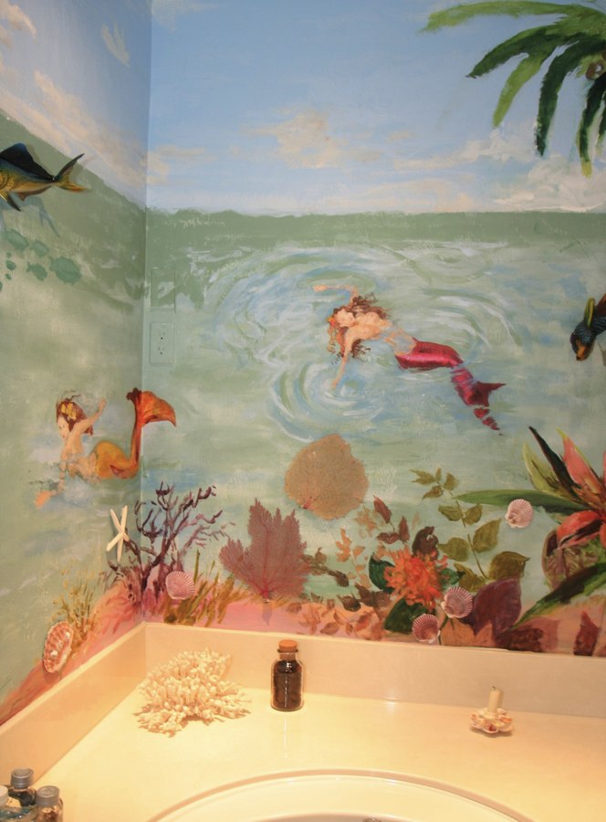 Underwater mermaid bathroom mural corner view over the soaking tub, Palm Beach, FL