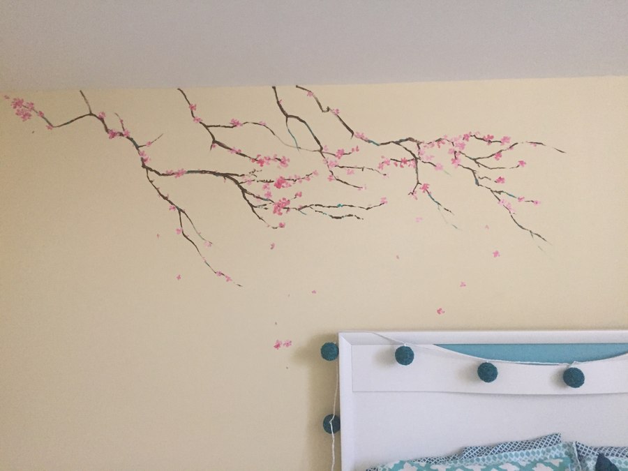 Chinoiserie cherry blossom branch bedroom mural by Maureen Fulgenzi — Soft pink palette, Palm Beach, FL