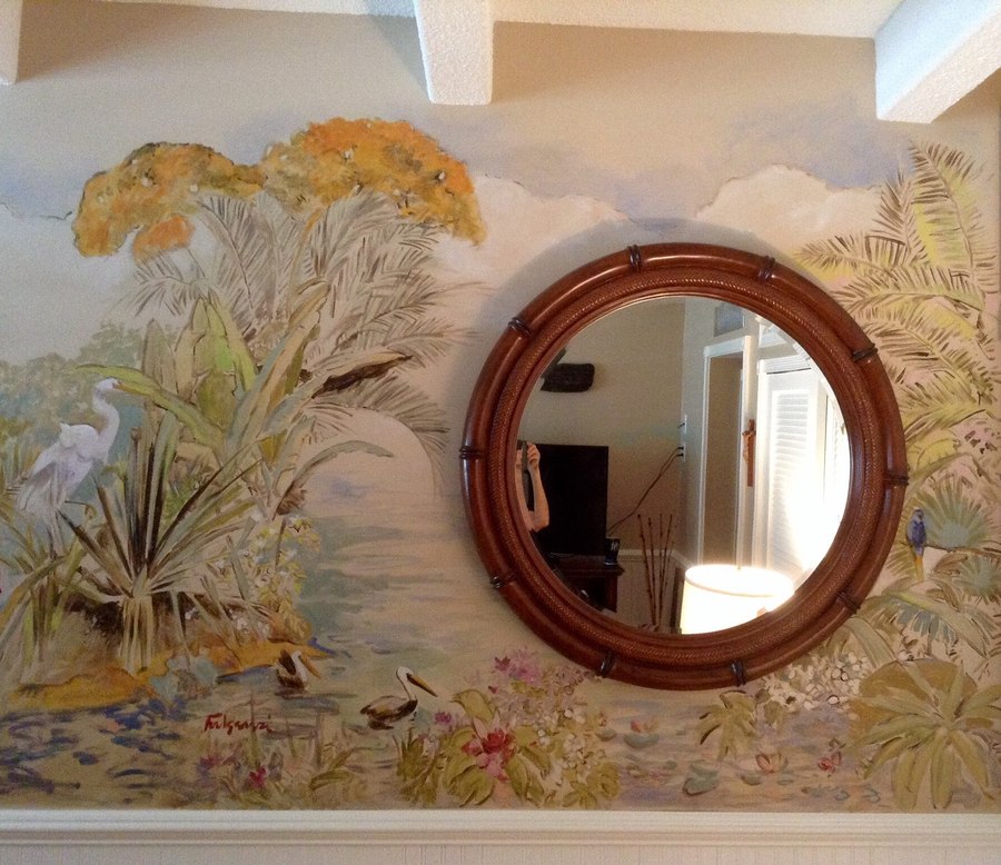 Impressionistic sailboats and harbor mural around a round mirror by Maureen Fulgenzi — Muted tropical palette, Palm Beach, FL