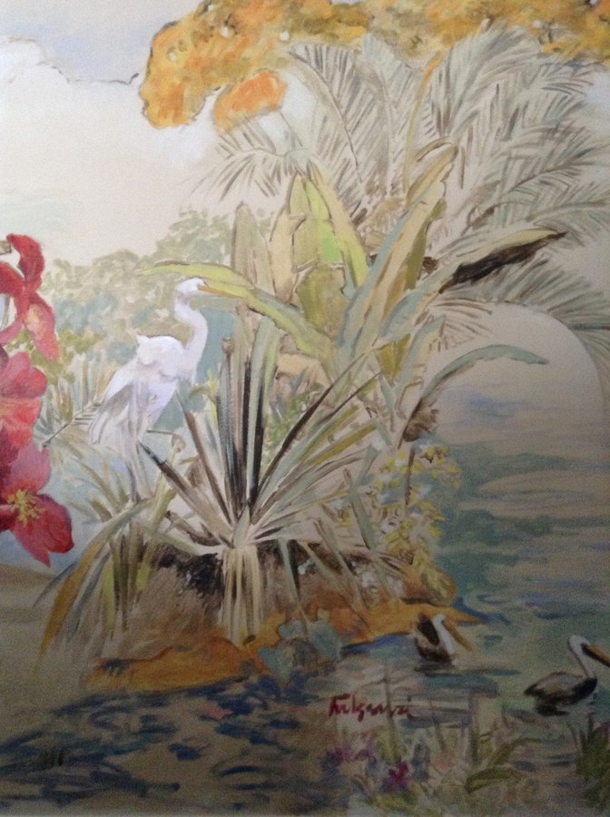 Sailboats and harbor mural vertical panel with egret and palms, Palm Beach, FL