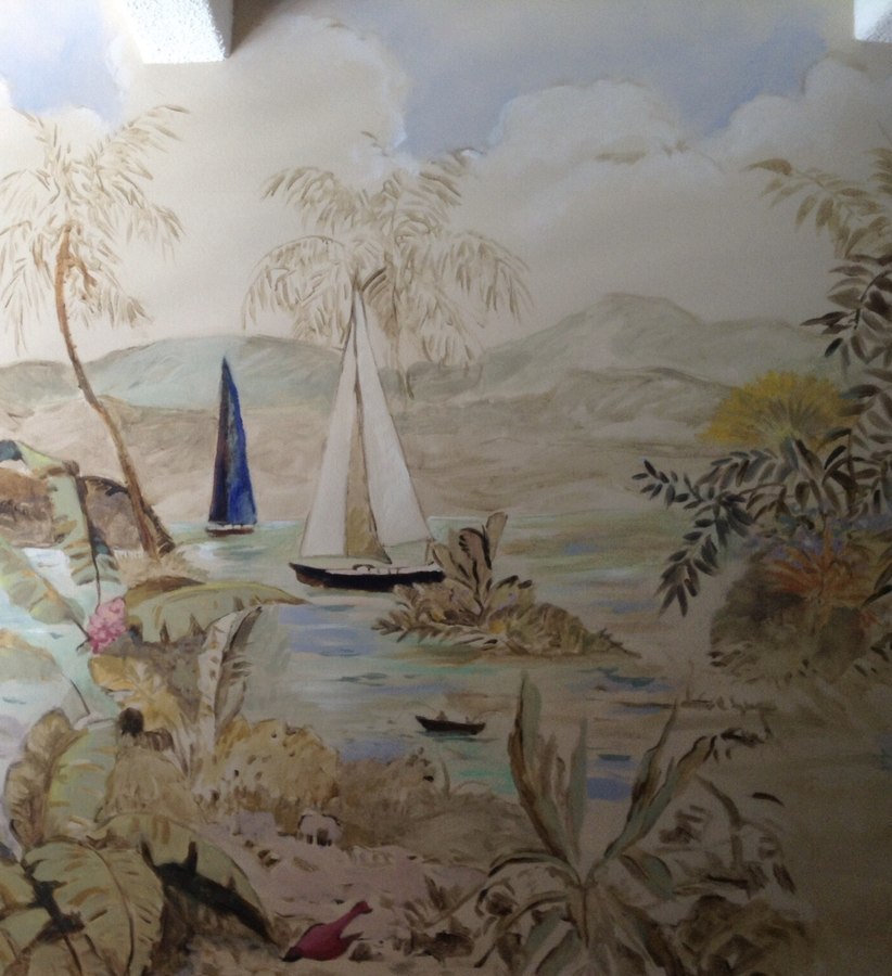 Sailboats and harbor mural close-up of the boats on the water, Palm Beach, FL