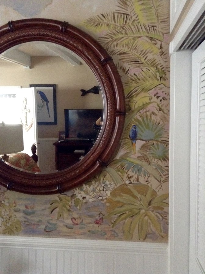 Sailboats and harbor mural room view with mirror, television and seating, Palm Beach, FL