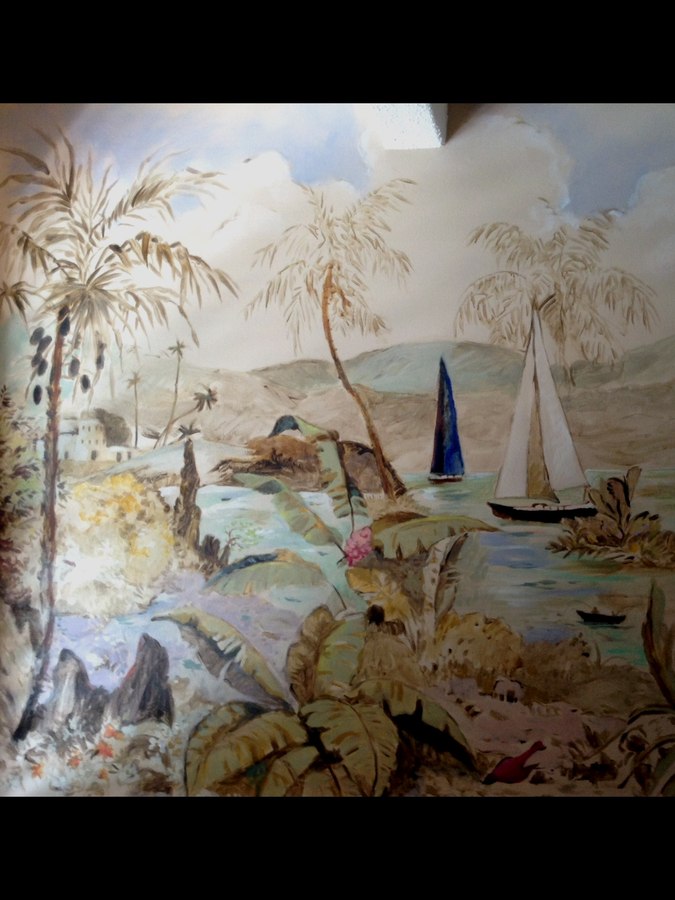 Sailboats and harbor mural vertical panel with palms and shoreline, Palm Beach, FL