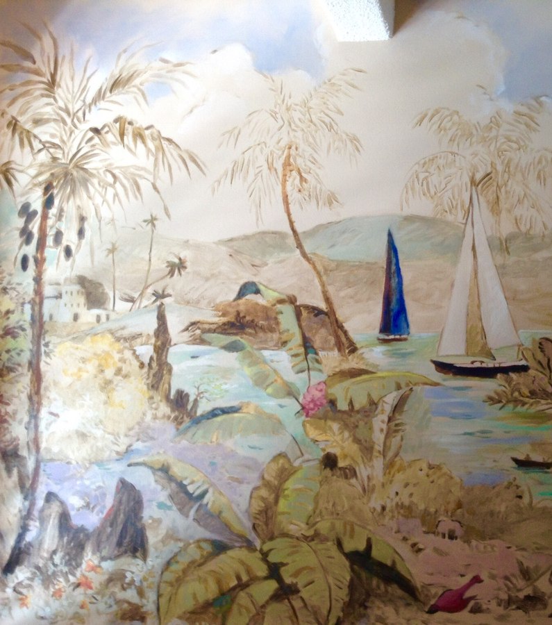 Sailboats and harbor mural detail with palm fronds and distant boats, Palm Beach, FL