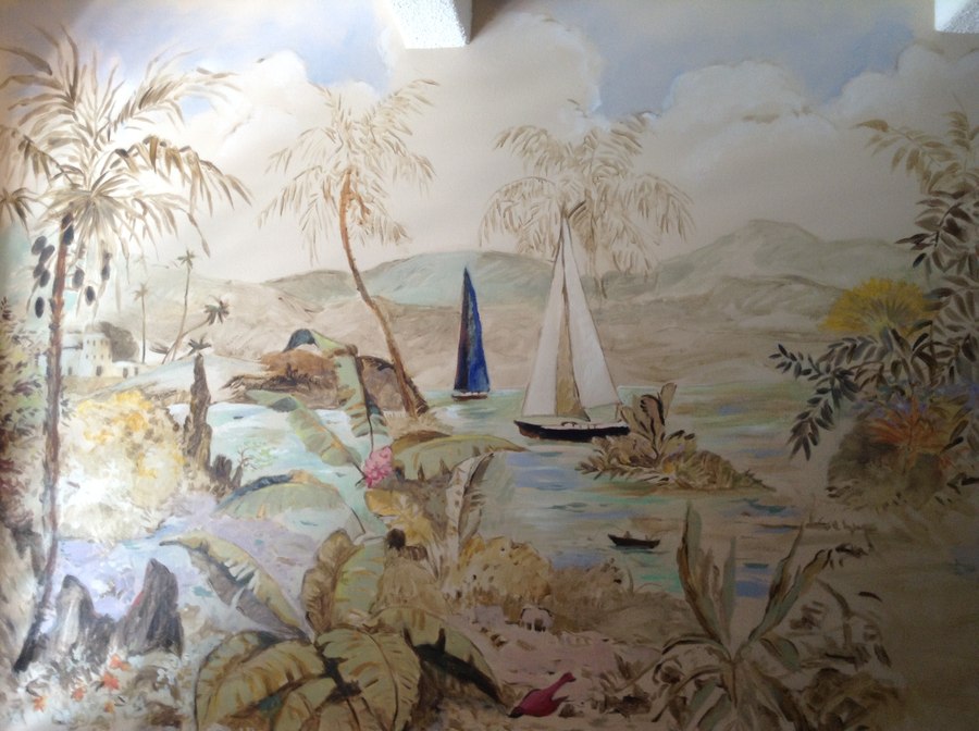 Sailboats and harbor mural bedroom view with palm trees and sailboats, Palm Beach, FL