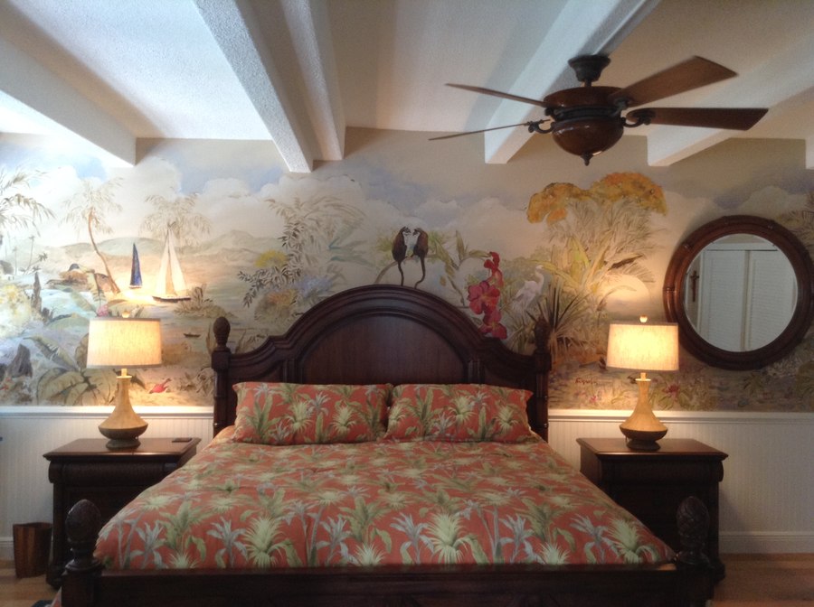 Sailboats and harbor mural over the bed with tropical birds, Palm Beach, FL