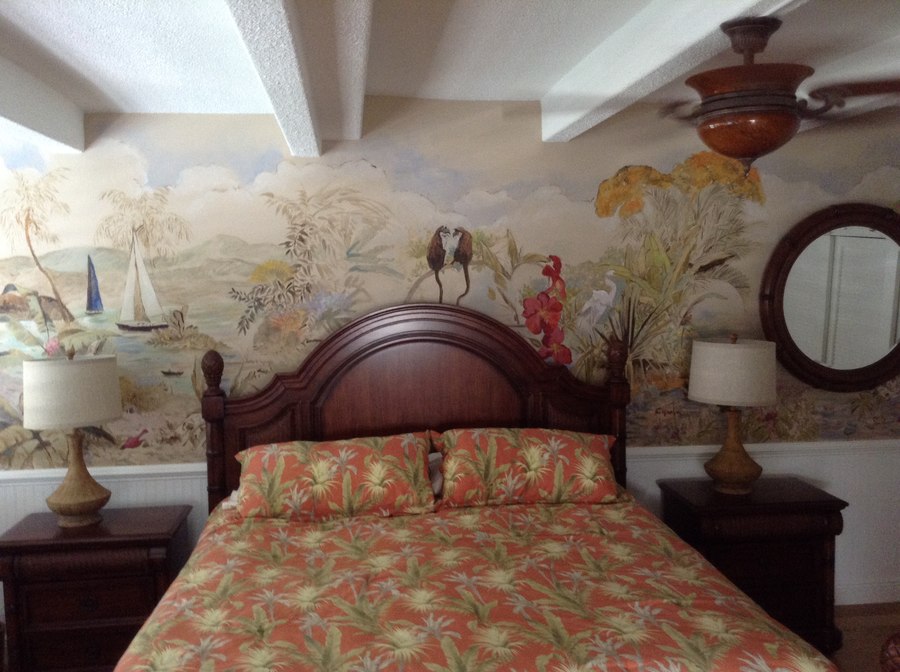 Sailboats and harbor mural bedroom view around a round mirror, Palm Beach, FL
