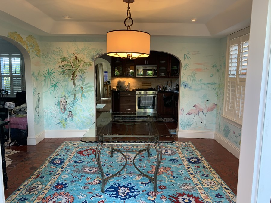 Painterly tropical foliage and flamingos mural filling a foyer by Maureen Fulgenzi — Soft tropical palette, Palm Beach, FL
