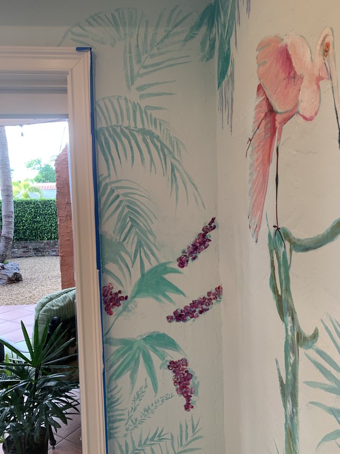 Tropical flamingo mural detail beside an exterior doorway, Palm Beach, FL