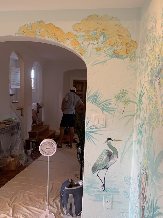 Tropical foliage mural detail with flamingo and orchids, Palm Beach, FL