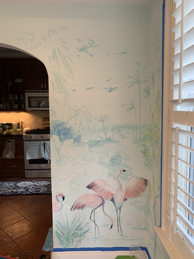 Tropical foliage mural detail with painted palm leaves, Palm Beach, FL