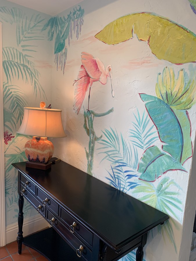 Tropical foliage mural detail beside shutters, Palm Beach, FL