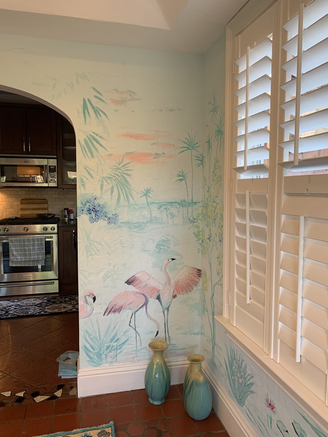 Tropical flamingo mural detail with console table and lamp, Palm Beach, FL