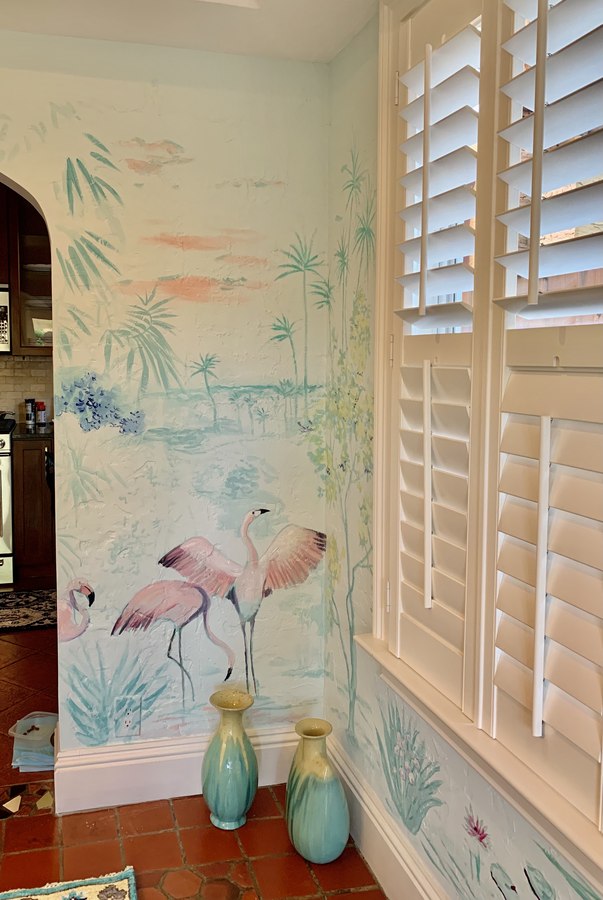 Tropical foliage and heron mural corner view beside a window, Palm Beach, FL