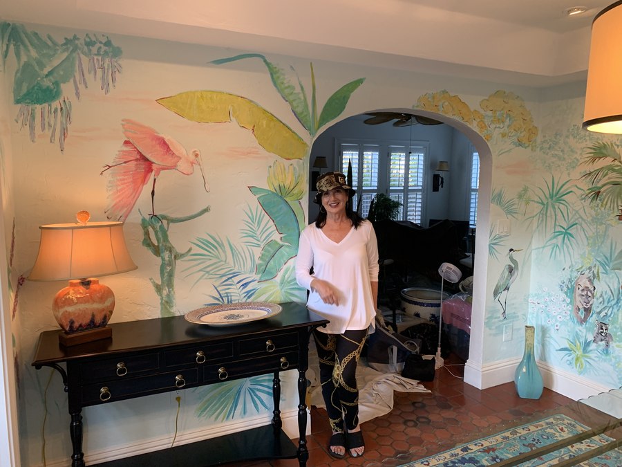Tropical flamingo mural detail with vases on the floor, Palm Beach, FL