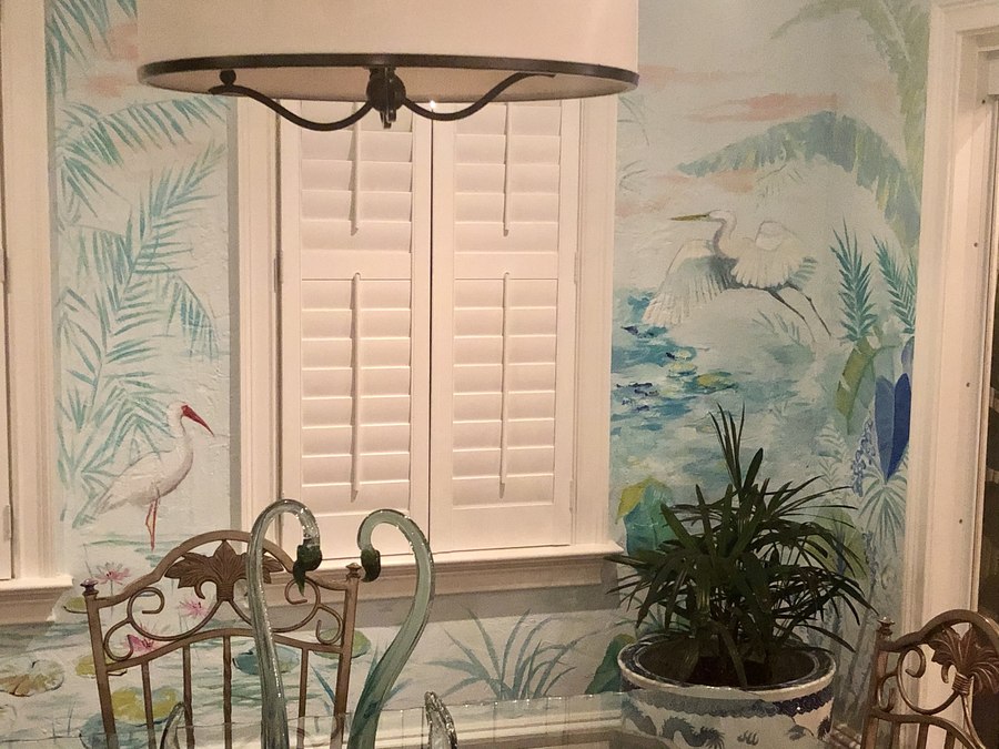 Tropical foliage and flamingo mural room view with console table, Palm Beach, FL