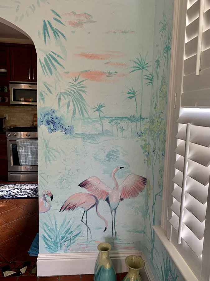 Tropical foliage mural room view with pendant light and shutters, Palm Beach, FL