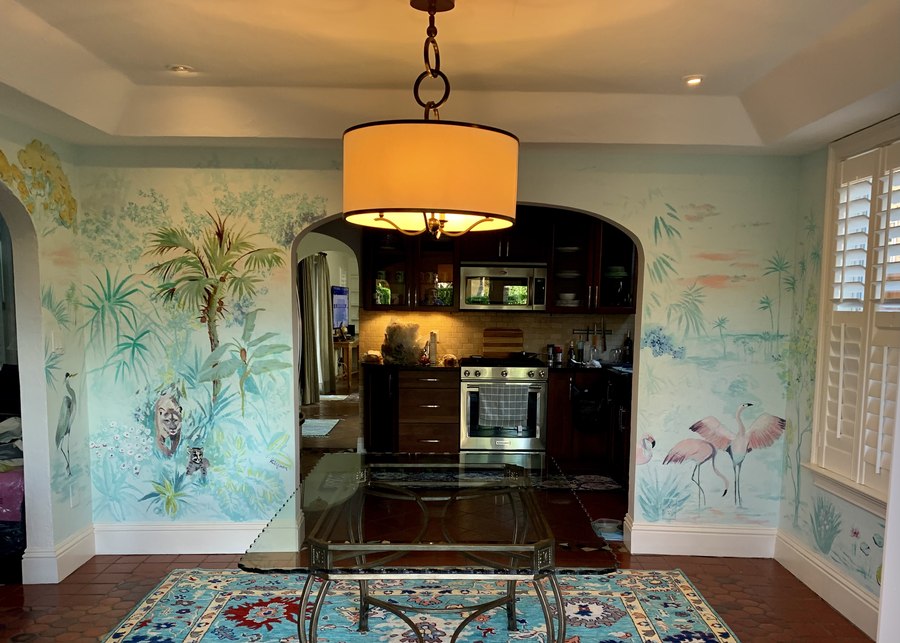 Tropical foliage and flamingos mural room view with pendant light, Palm Beach, FL
