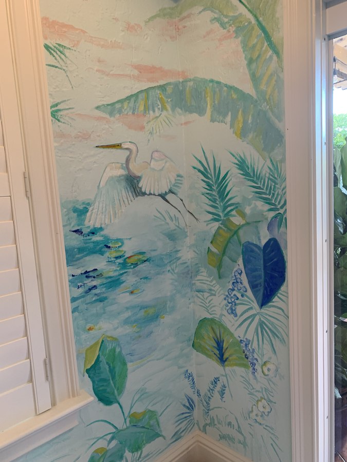 Tropical foliage mural corner detail beside a window, Palm Beach, FL