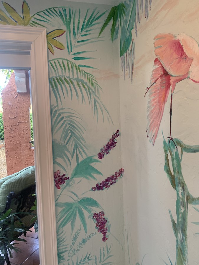 Tropical foliage mural detail beside a doorway, Palm Beach, FL