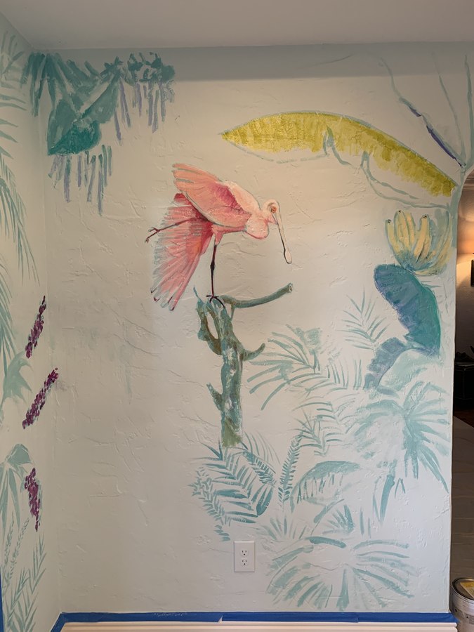 Tropical foliage mural detail with spoonbill and banana leaves, Palm Beach, FL