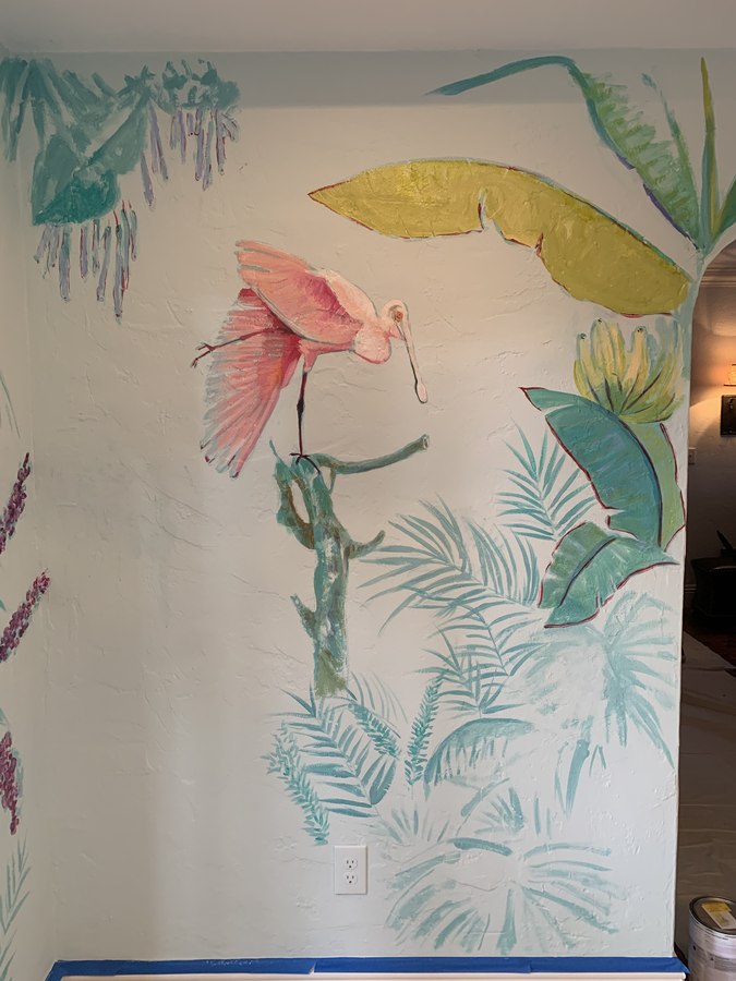 Tropical foliage mural detail with spoonbill and tropical flower, Palm Beach, FL