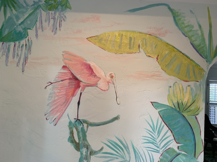 Tropical foliage mural detail with spoonbill among palm fronds, Palm Beach, FL
