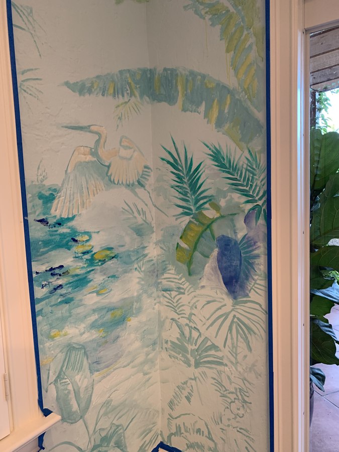 Tropical foliage mural corner view beside a window, Palm Beach, FL
