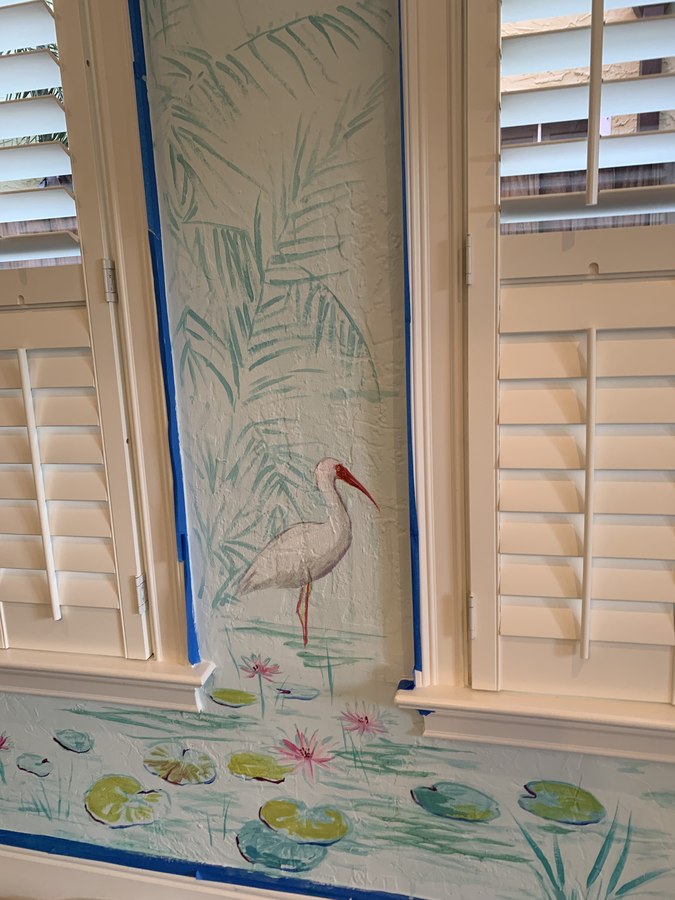 Tropical foliage mural detail with heron and lily pads, Palm Beach, FL