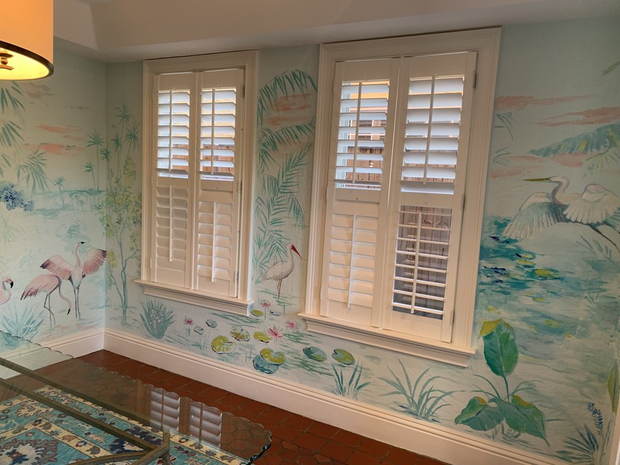 Tropical foliage mural corner view with shuttered windows, Palm Beach, FL