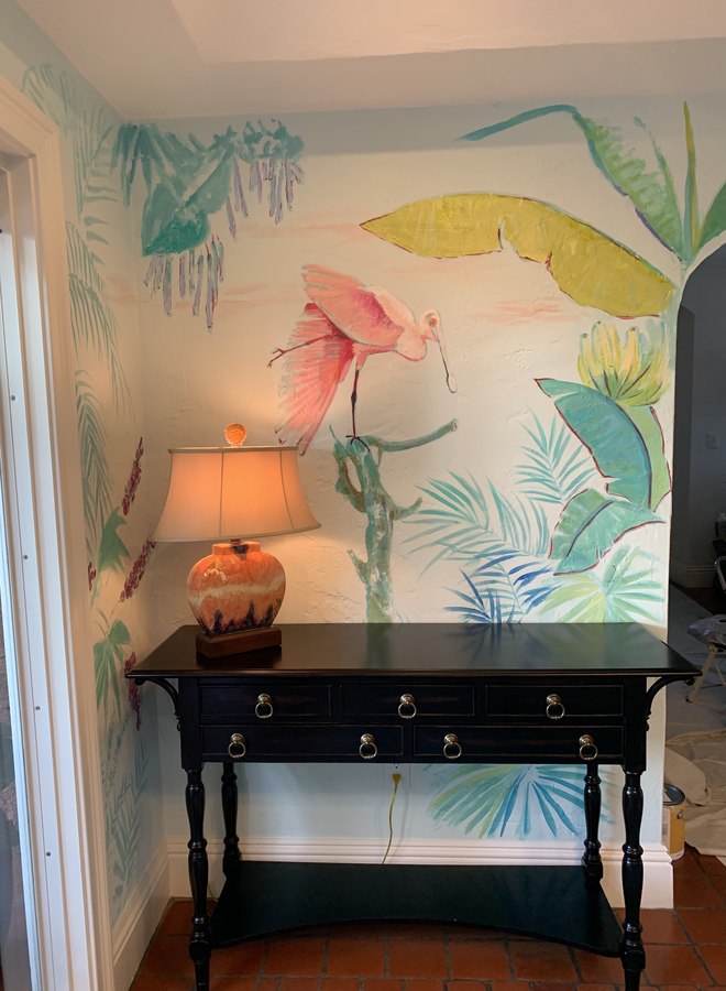 Tropical foliage mural detail with console table and lamp, Palm Beach, FL