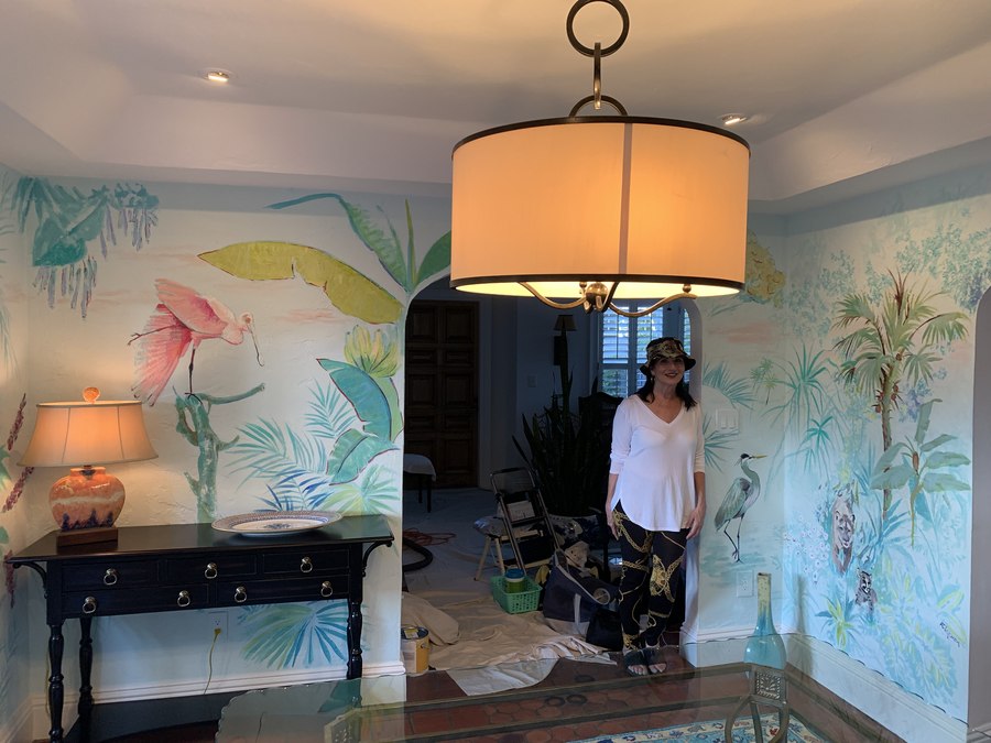 Tropical foliage and flamingos mural wide room view, Palm Beach, FL