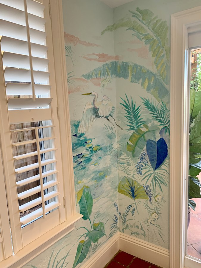 Tropical foliage mural room view with heron and shutters, Palm Beach, FL